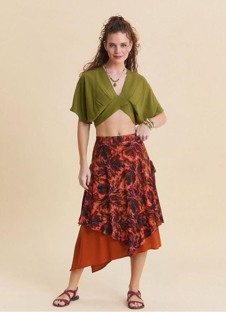 Beli Lastikli Çift Katlı Mercan Asimetrik Etek