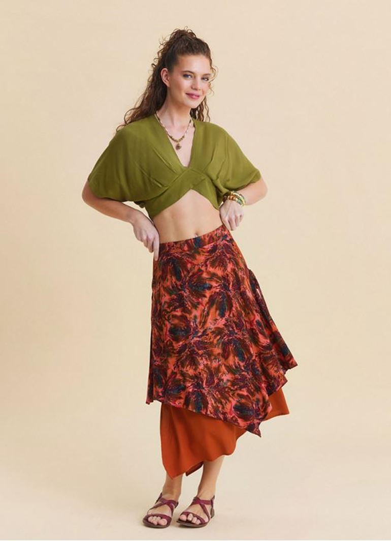 Beli Lastikli Çift Katlı Mercan Asimetrik Etek