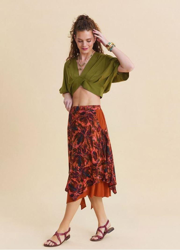 Beli Lastikli Çift Katlı Mercan Asimetrik Etek