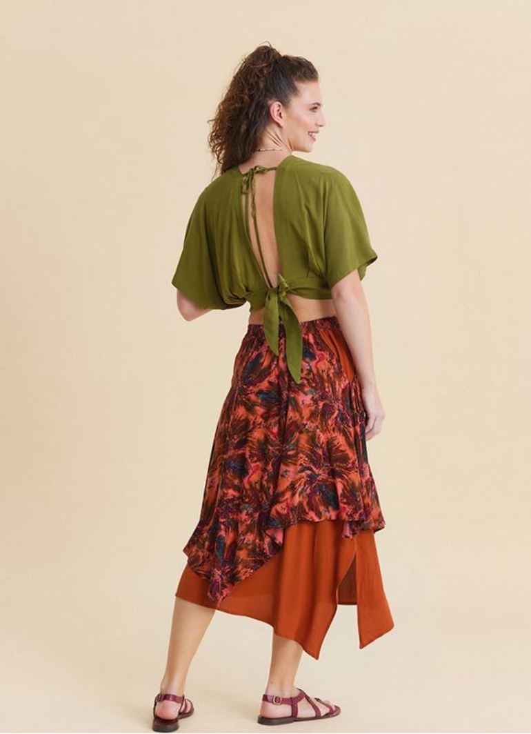 Beli Lastikli Çift Katlı Mercan Asimetrik Etek