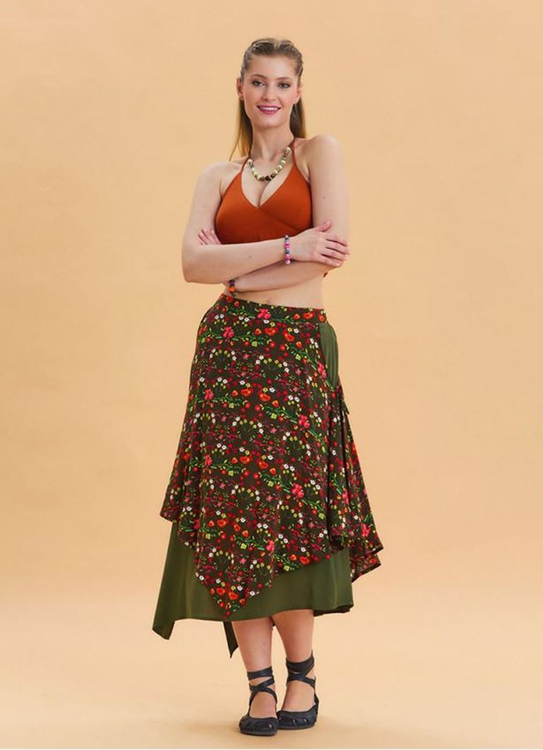 Bağlama Detaylı Beli Lastikli Yeşil Salaş Etek