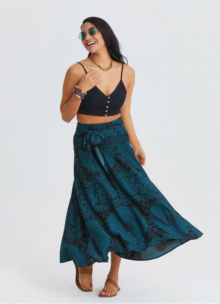 Gipe Detaylı Belden Bağlamalı Petrol Uzun Etek