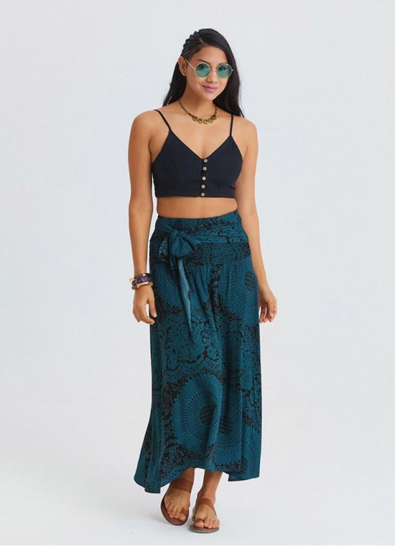 Gipe Detaylı Belden Bağlamalı Petrol Uzun Etek