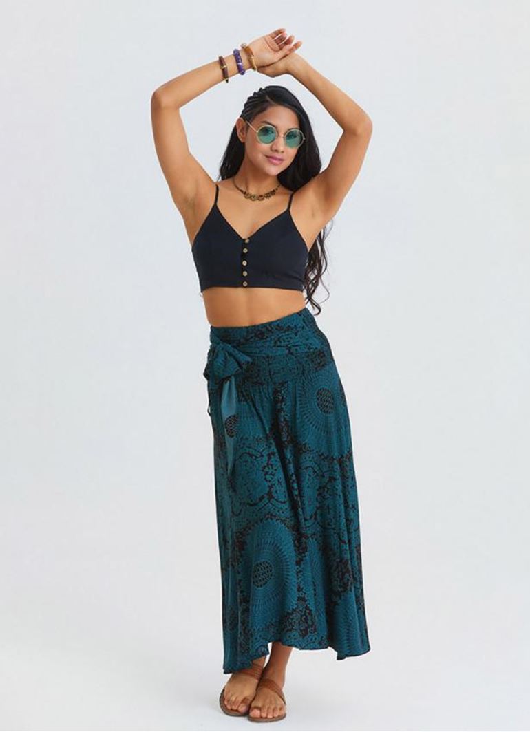 Gipe Detaylı Belden Bağlamalı Petrol Uzun Etek