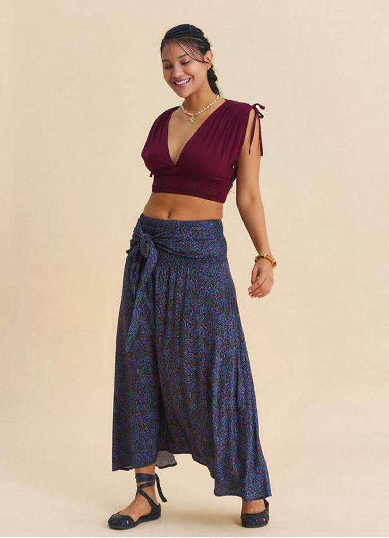 Gipe Detaylı Belden Bağlamalı Lacivert Çiçekli Etek