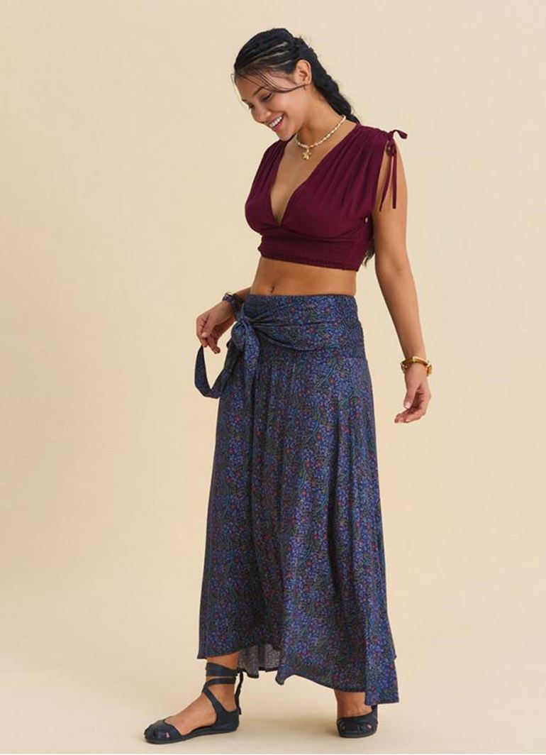 Gipe Detaylı Belden Bağlamalı Lacivert Çiçekli Etek