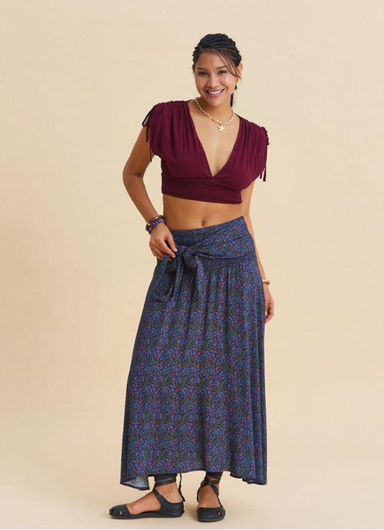 Gipe Detaylı Belden Bağlamalı Lacivert Çiçekli Etek