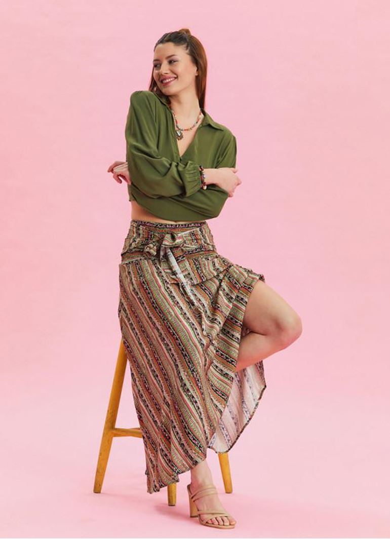 Gipe Belden Bağlamalı Haki Desenli Uzun Etek