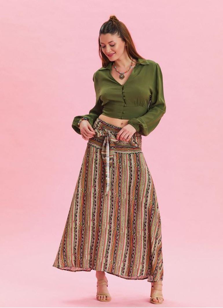 Gipe Belden Bağlamalı Haki Desenli Uzun Etek