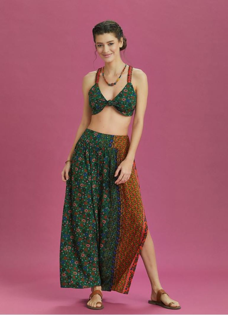 Yeşil Çiçekli Arka Bel Lastikli Derin Yırtmaçlı Etek
