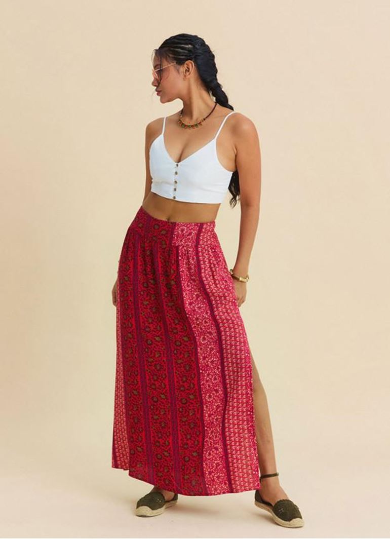 Beli Lastikli Derin Yırtmaçlı Kırmızı Çiçekli Etek