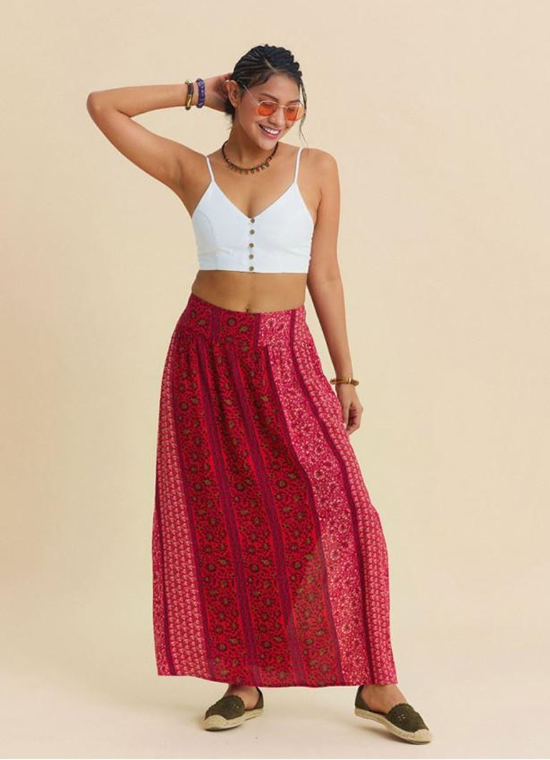 Beli Lastikli Derin Yırtmaçlı Kırmızı Çiçekli Etek