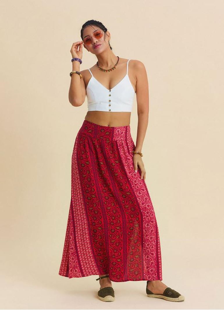 Beli Lastikli Derin Yırtmaçlı Kırmızı Çiçekli Etek
