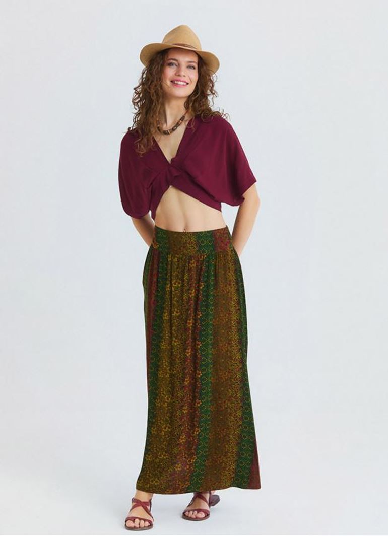 Beli Lastikli Derin Yırtmaçlı Yeşil Uzun Etek