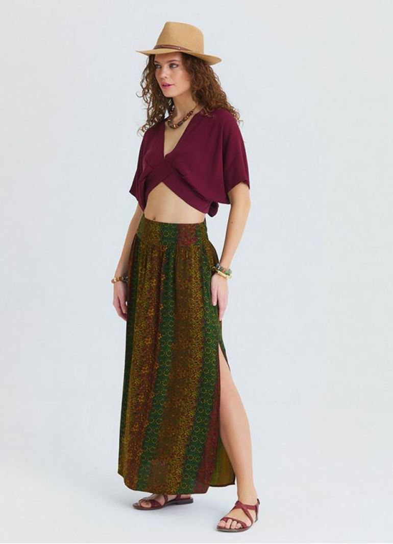 Beli Lastikli Derin Yırtmaçlı Yeşil Uzun Etek