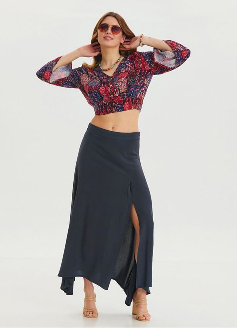 Fermuar Detaylı Yırtmaçlı Antrasit Asimetrik Etek