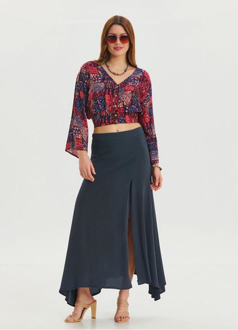 Fermuar Detaylı Yırtmaçlı Antrasit Asimetrik Etek