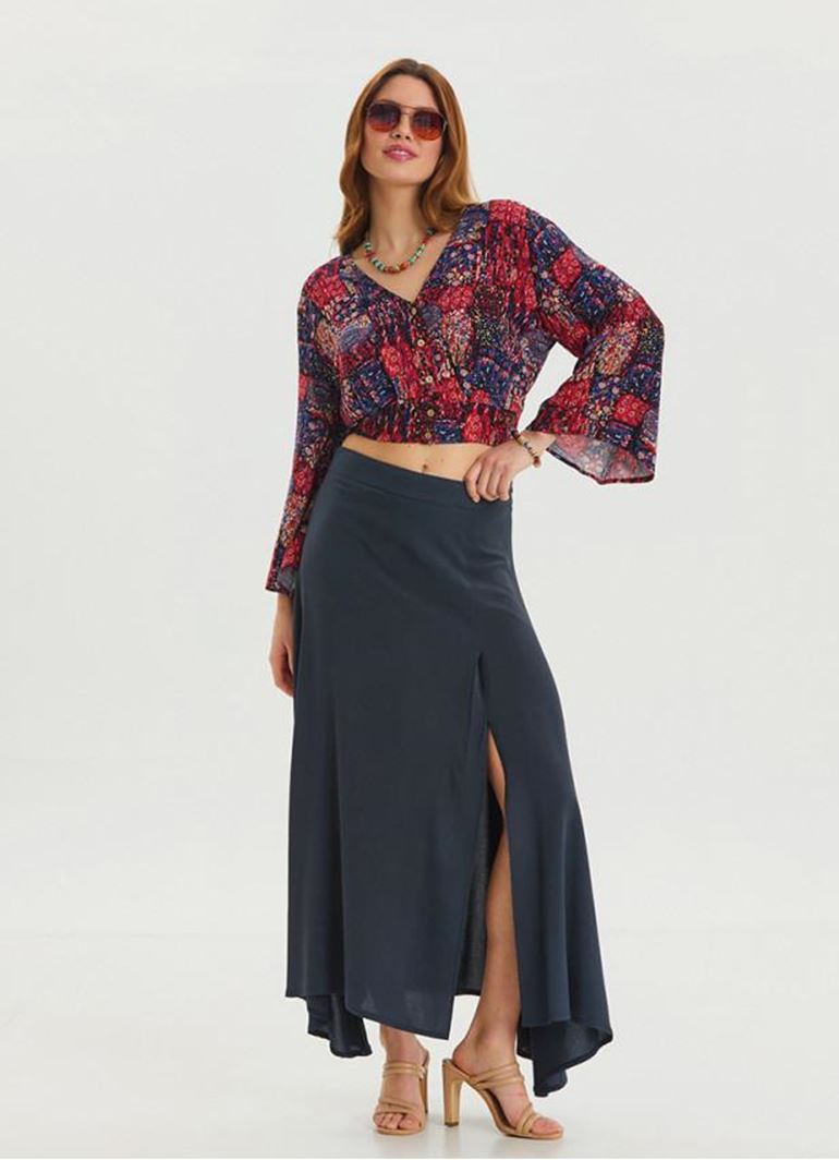 Fermuar Detaylı Yırtmaçlı Antrasit Asimetrik Etek