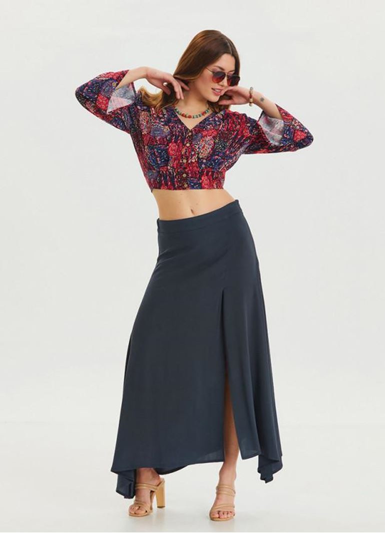 Fermuar Detaylı Yırtmaçlı Antrasit Asimetrik Etek