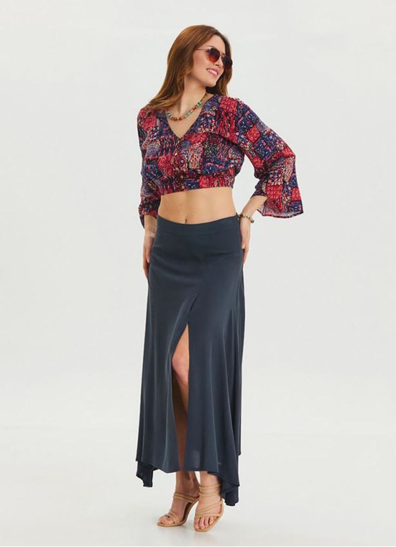 Fermuar Detaylı Yırtmaçlı Antrasit Asimetrik Etek