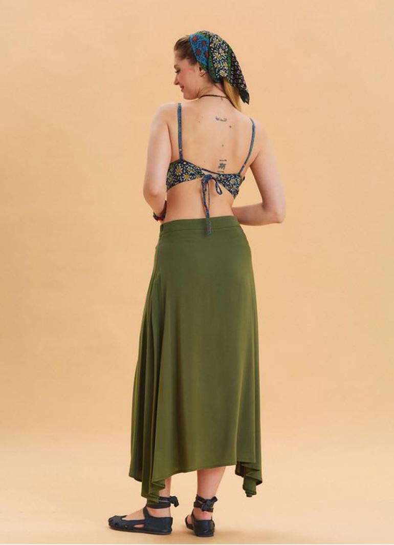 Fermuar Detaylı Yırtmaçlı Haki Asimetrik Etek
