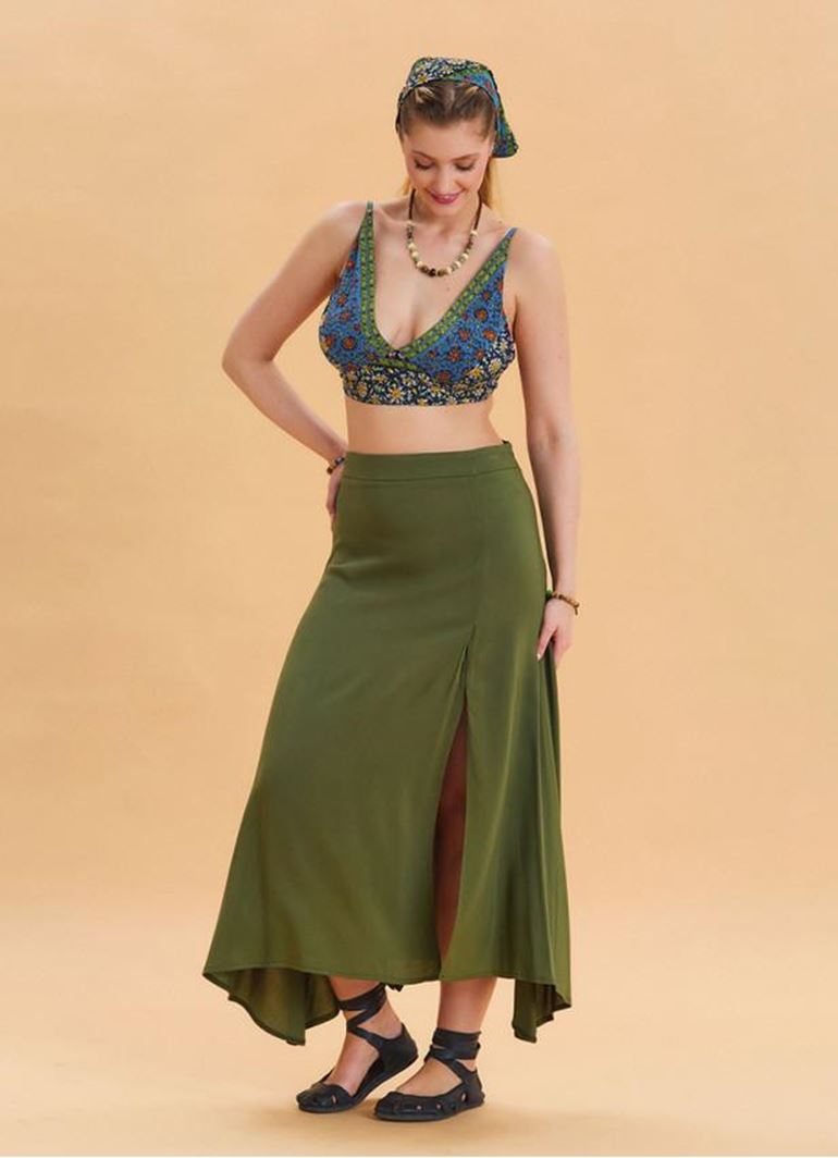 Fermuar Detaylı Yırtmaçlı Haki Asimetrik Etek