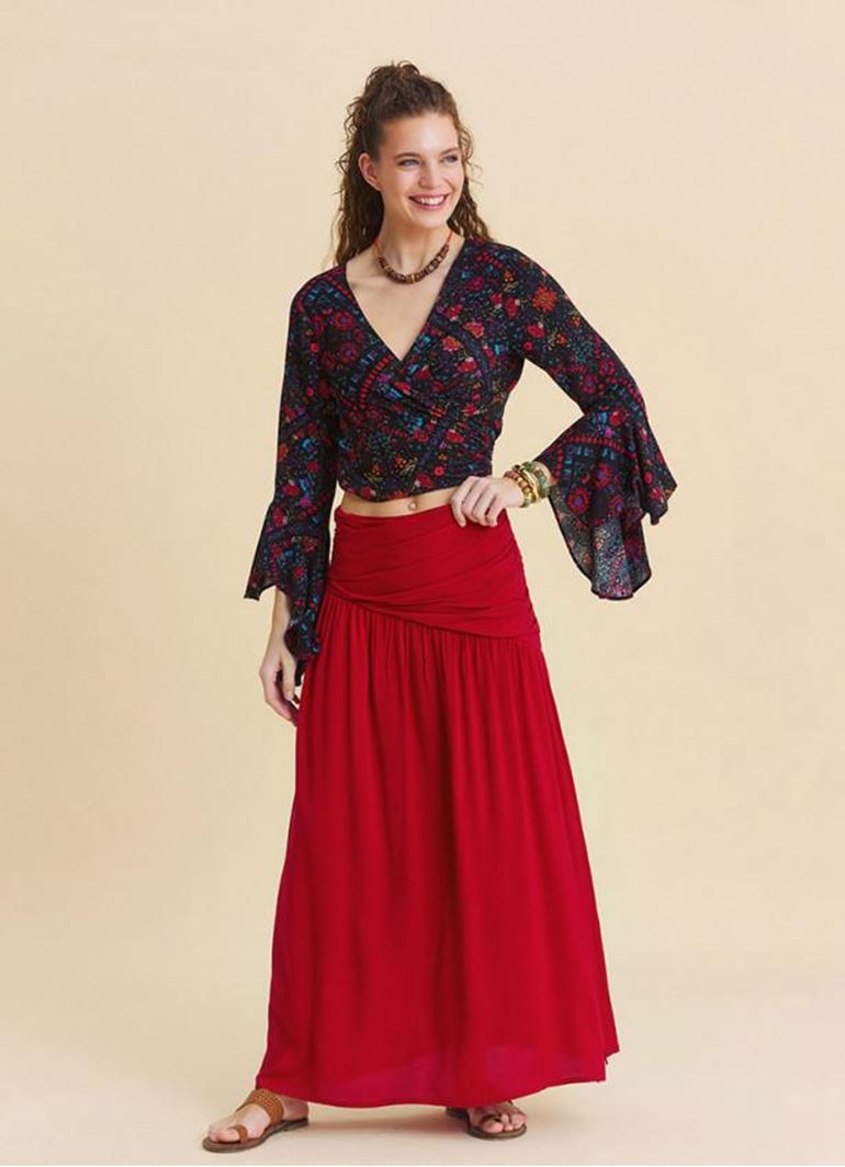 Drape Detaylı Yırtmaçlı Kırmızı Salaş Etek