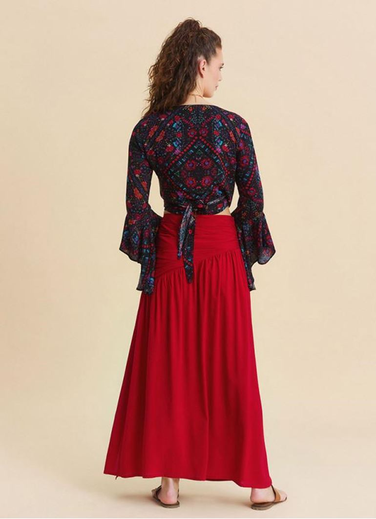 Drape Detaylı Yırtmaçlı Kırmızı Salaş Etek