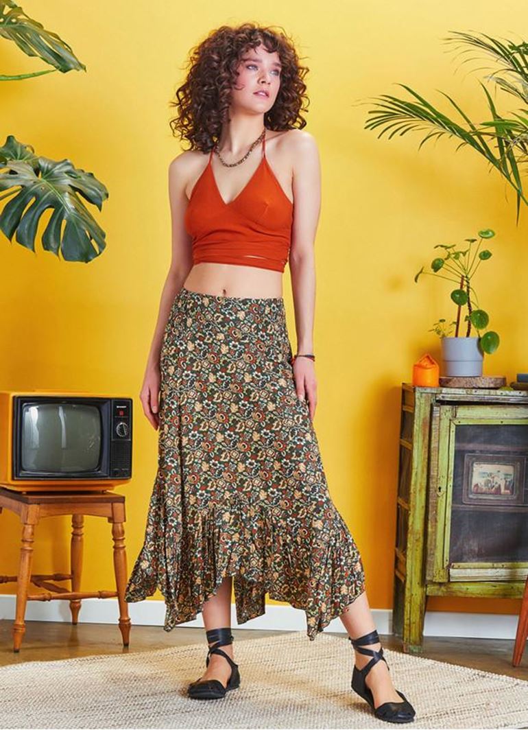 Beli Lastikli Bohem Tarz Çiçekli Volanlı Etek