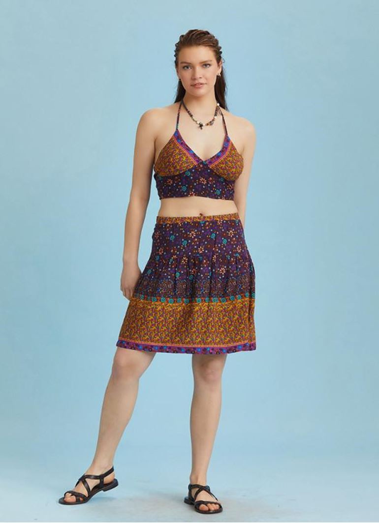 Çiçek Desen Sulu Kumaş Beli Lastikli Bohem Mini Etek