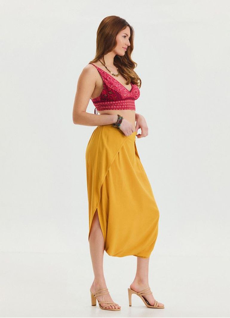 Kapri Düşük Lastikli Bel Sarı Salaş Etek Pantolon