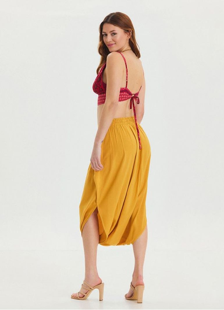 Kapri Düşük Lastikli Bel Sarı Salaş Etek Pantolon