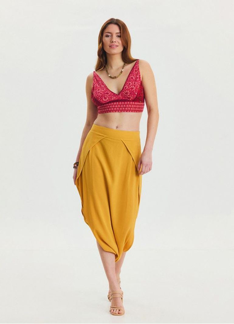 Kapri Düşük Lastikli Bel Sarı Salaş Etek Pantolon