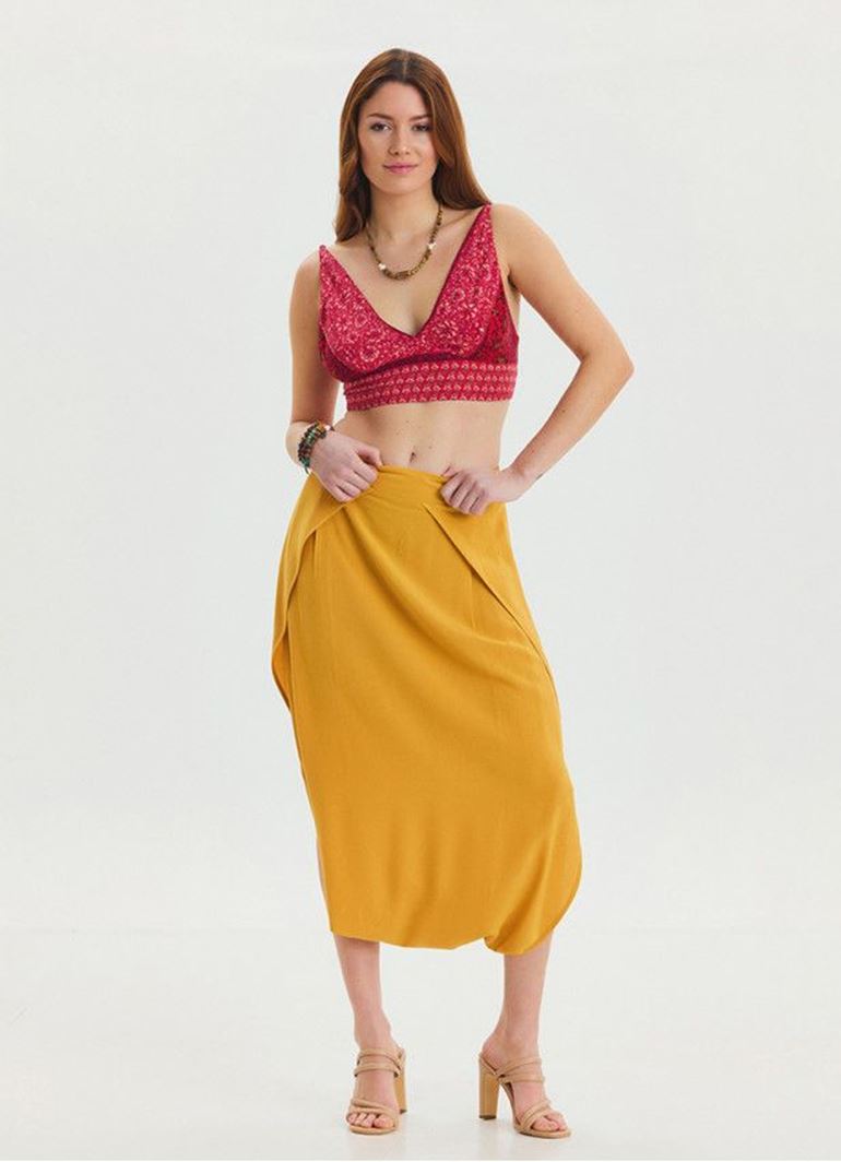 Kapri Düşük Lastikli Bel Sarı Salaş Etek Pantolon