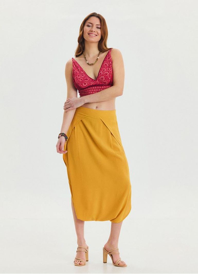 Kapri Düşük Lastikli Bel Sarı Salaş Etek Pantolon