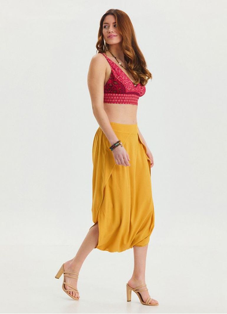 Kapri Düşük Lastikli Bel Sarı Salaş Etek Pantolon