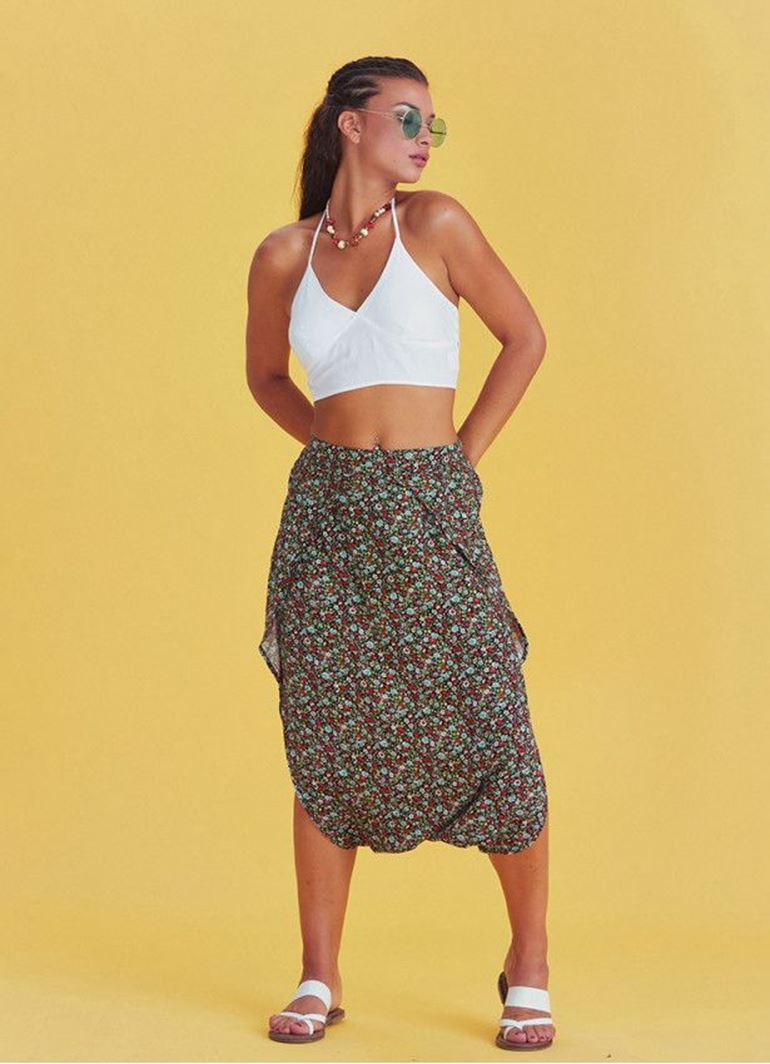 Kapri Düşük Lastikli Bel Çiçek Desenli Etek Pantolon