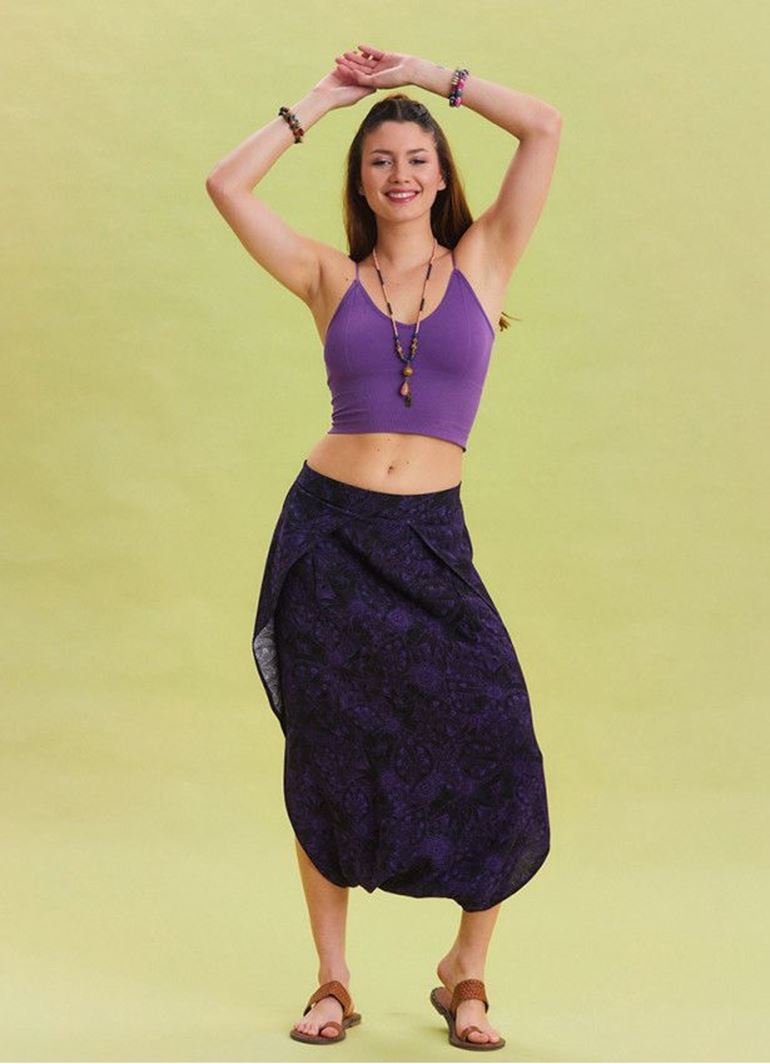 Beli Lastikli Ağı Düşük Mor Bohem Şalvar