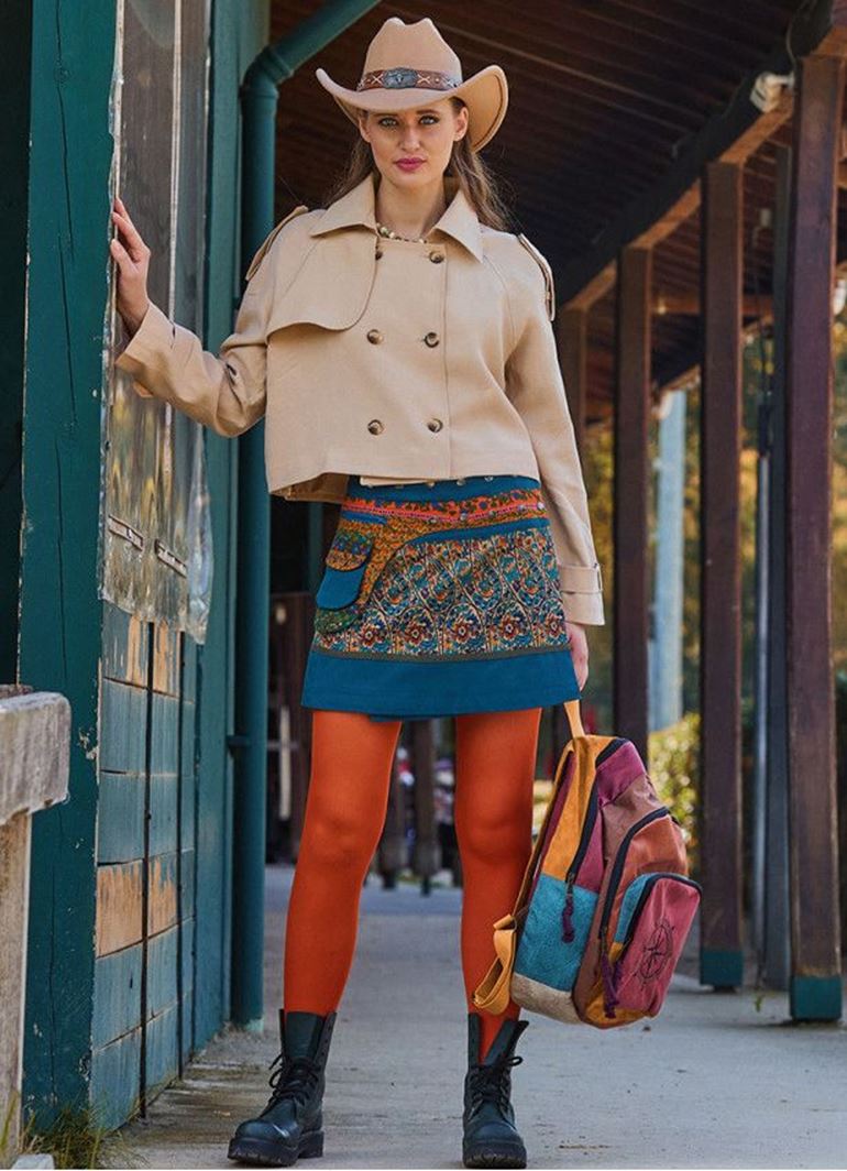 Çıtçıt Kapamalı Cepli Patchwork Anvelop Petrol Çiçekli Etek