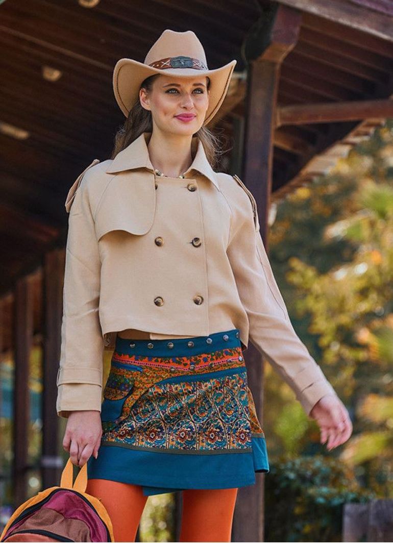 Çıtçıt Kapamalı Cepli Patchwork Anvelop Petrol Çiçekli Etek