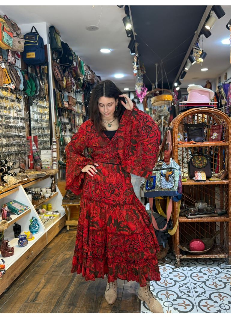 Çiçekli Hint Takım Kırmızı