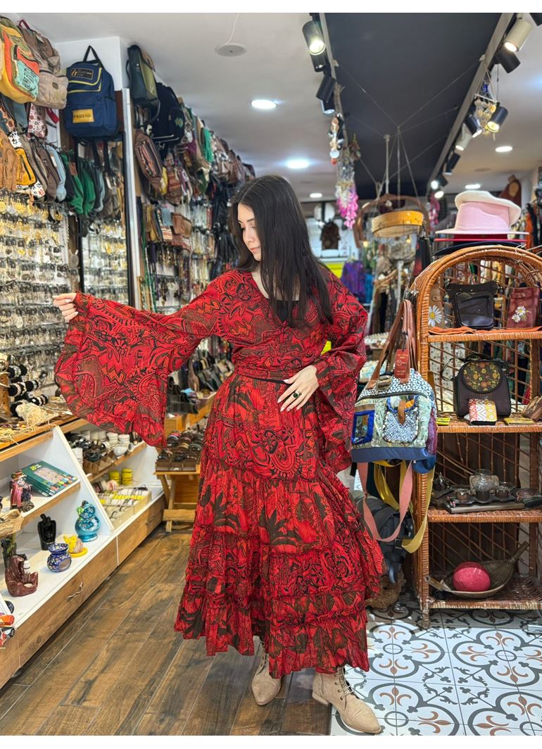 Çiçekli Hint Takım Kırmızı