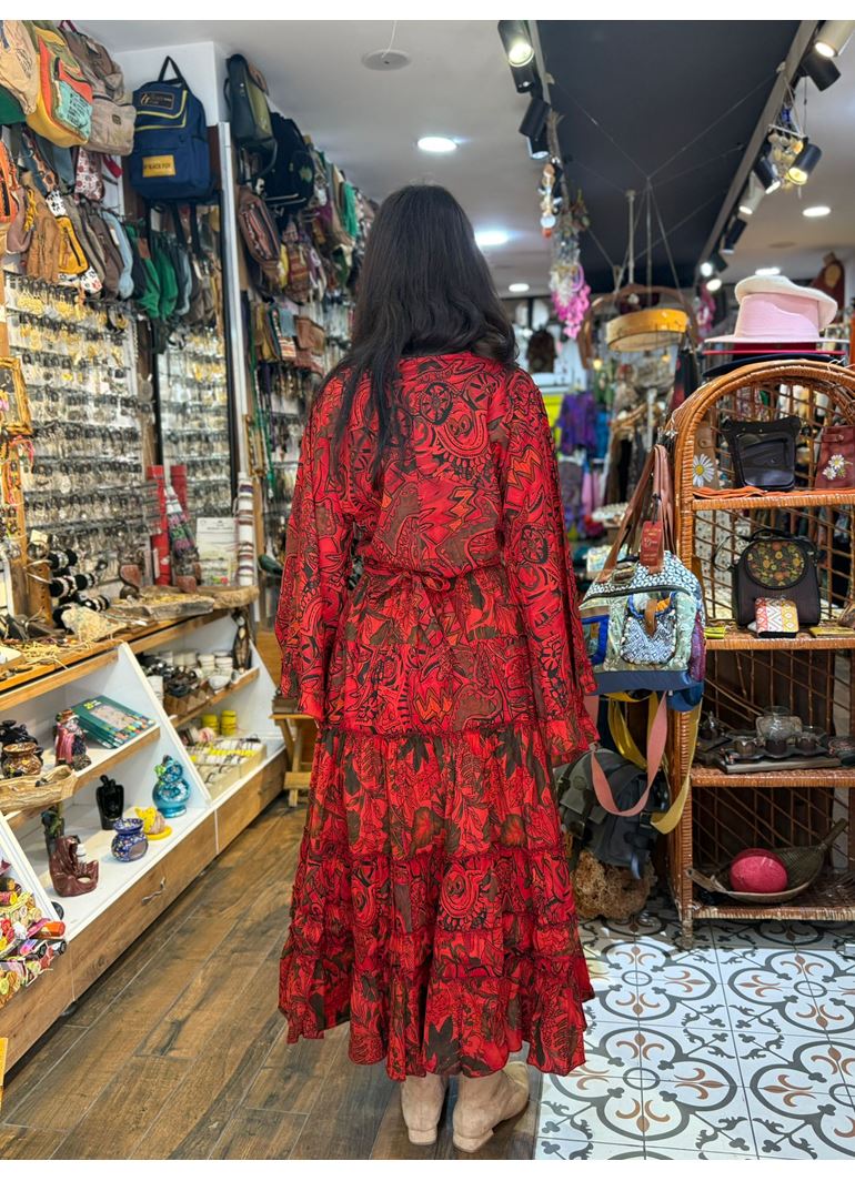 Çiçekli Hint Takım Kırmızı