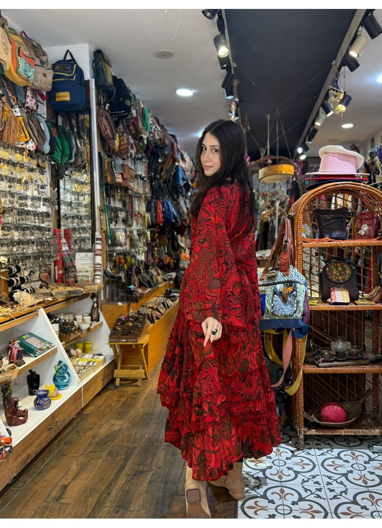 Çiçekli Hint Takım Kırmızı