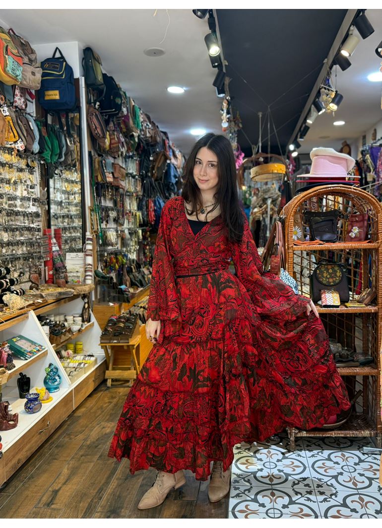 Çiçekli Hint Takım Kırmızı