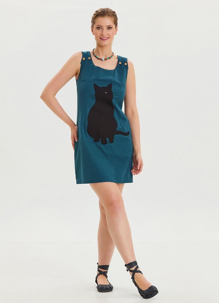 U Yaka Kedi Figürlü Düğme Detaylı Petrol Günlük Elbise