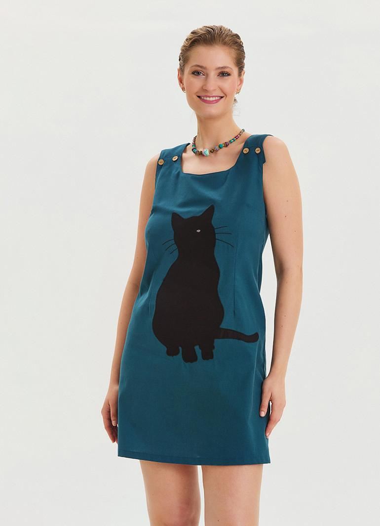 U Yaka Kedi Figürlü Düğme Detaylı Petrol Günlük Elbise