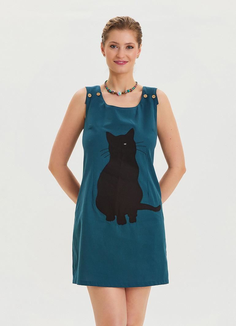 U Yaka Kedi Figürlü Düğme Detaylı Petrol Günlük Elbise