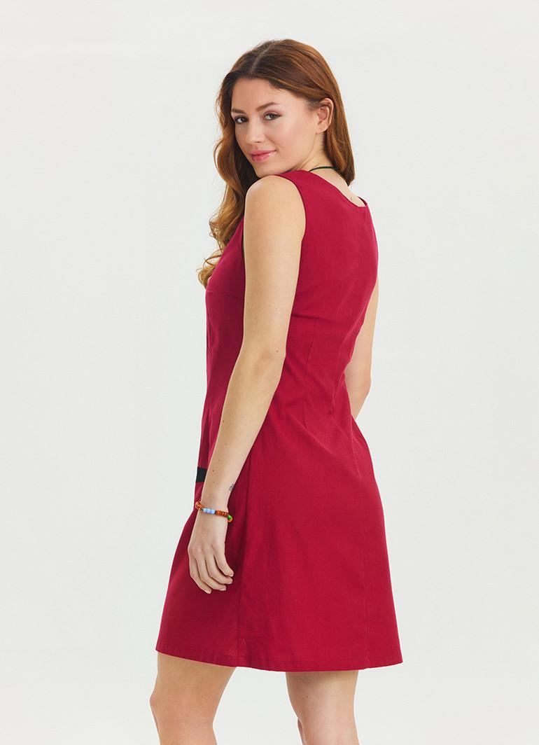 U Yaka Kedi Figürlü Düğme Detaylı Kırmızı Mini Elbise
