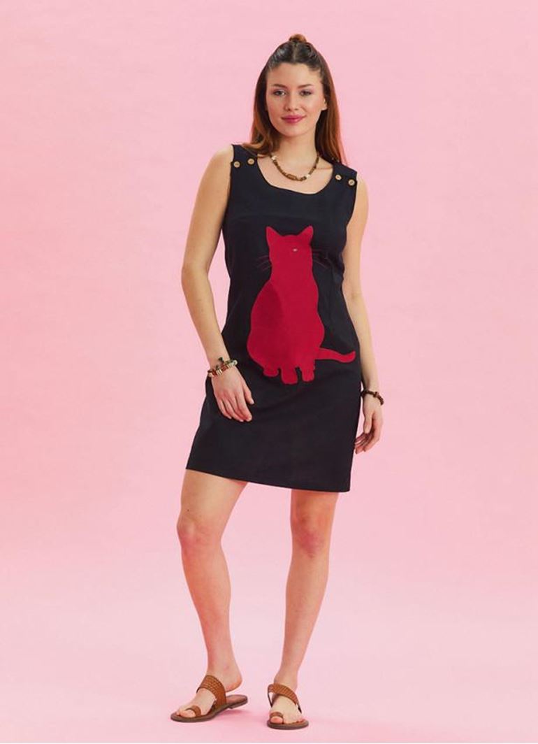 U Yaka Kedi Figürlü Düğme Detaylı Siyah Bohem Elbise